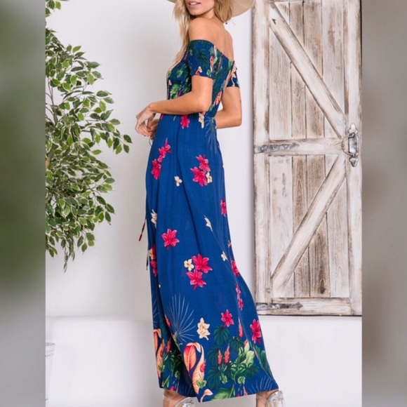 <LAST>Bold Blue Tropical Print Maxi Romper Dress - Picture 3 of 5